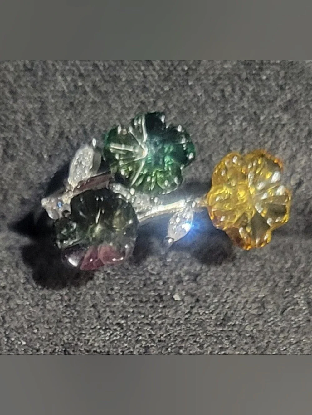 Carved Natural Watermelon Tourmaline Flower Open Sterling Silver Ring